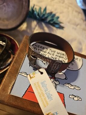 Brown Leather Cuff Bracelet with Antique Silver Buckle